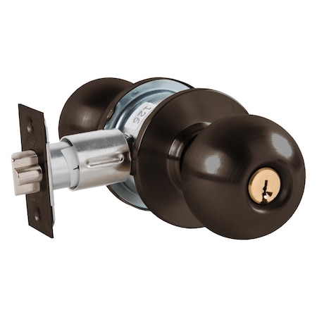 Grade 2 Turn-Pushbutton Entrance Cylindrical Lock, Ball Knob, Conventional Cylinder, Oil-Rubbed Bron
